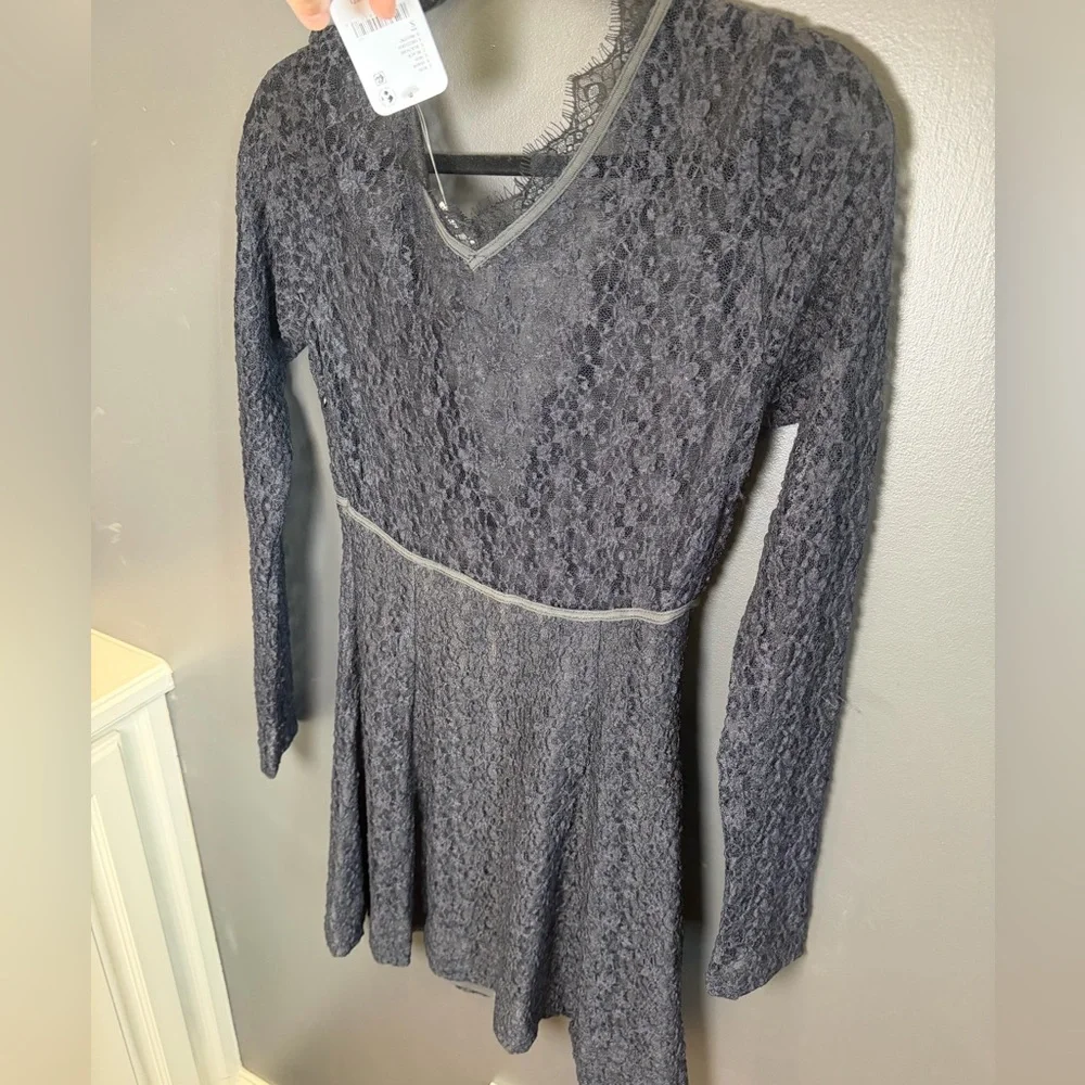 Free People Black Lace Textured Long Sleeve Tie Front Mini Dress‎ NWT Size Small